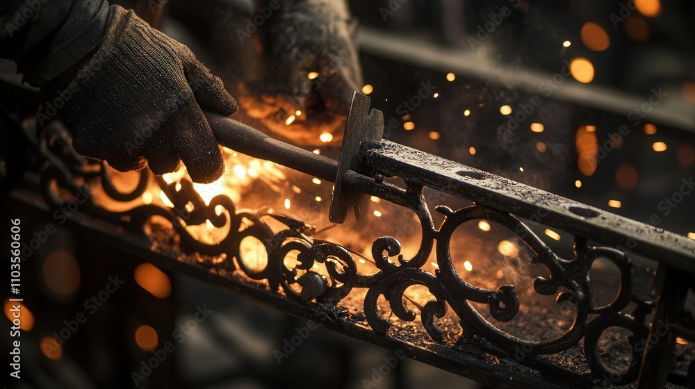 Poster a blacksmith constructing a set of ornate metal railings, using a hot forge and a hammer to shape th