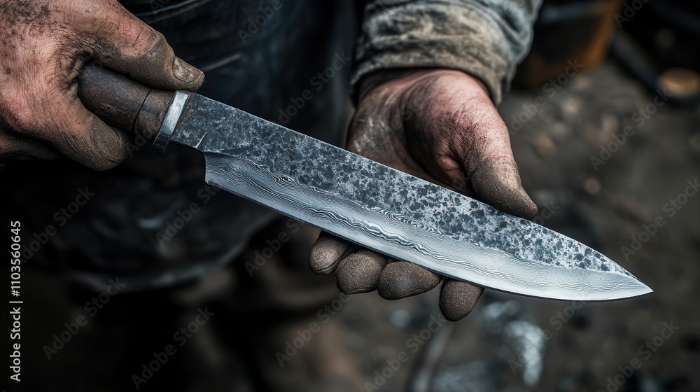 Poster a blacksmith creating a handmade knife, carefully grinding the edge with a wheel, shaping it with a 