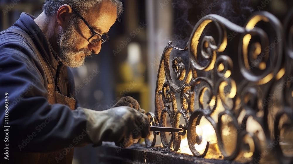Poster a blacksmith constructing a set of ornate metal railings, using a hot forge and a hammer to shape th