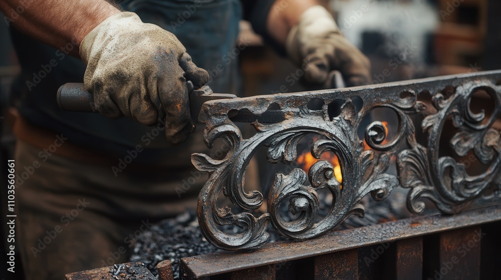 Poster a blacksmith constructing a set of ornate metal railings, using a hot forge and a hammer to shape th