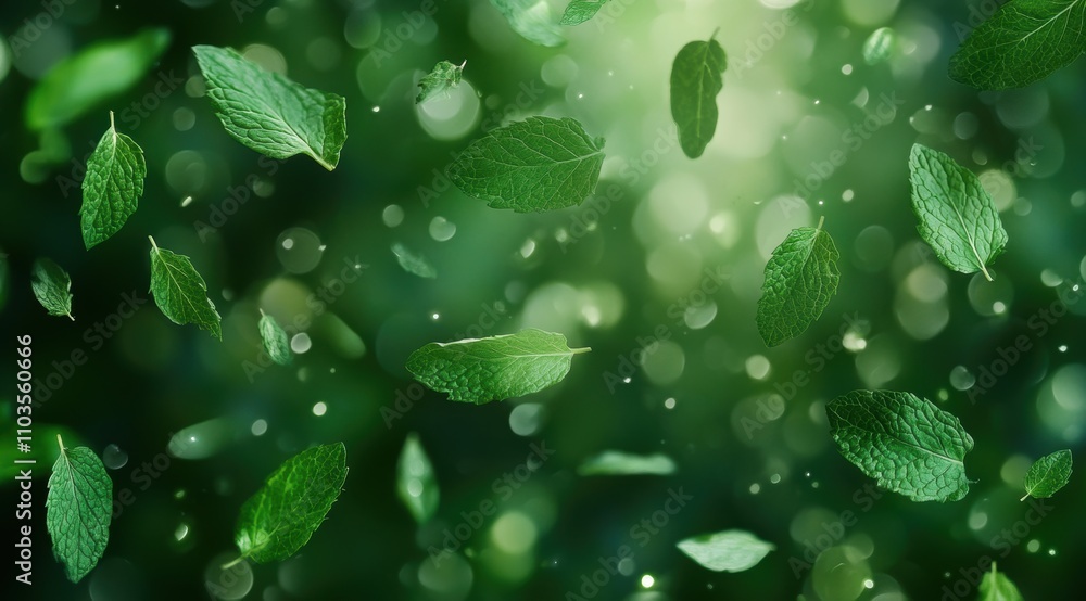 Poster mint leaves floating in the air on a green background with a bokeh effect