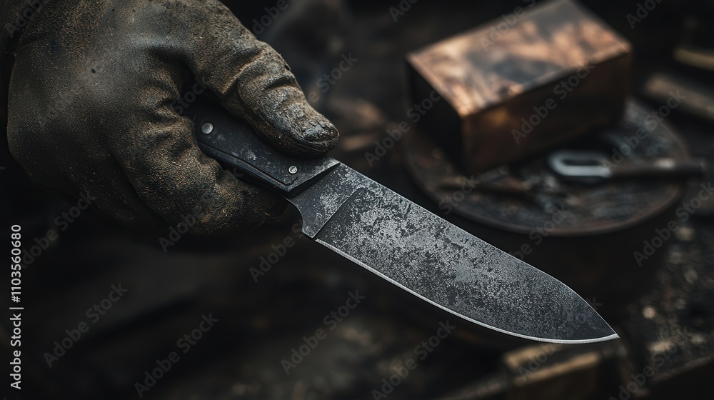 Poster a blacksmith creating a handmade knife, carefully grinding the edge with a wheel, shaping it with a 
