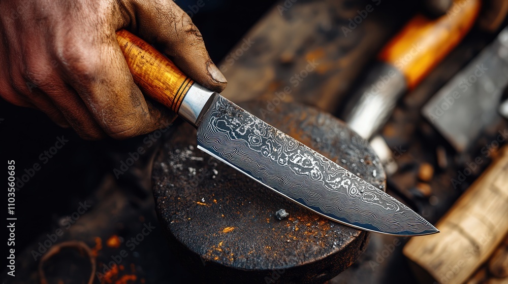 Poster a blacksmith creating a handmade knife, carefully grinding the edge with a wheel, shaping it with a 