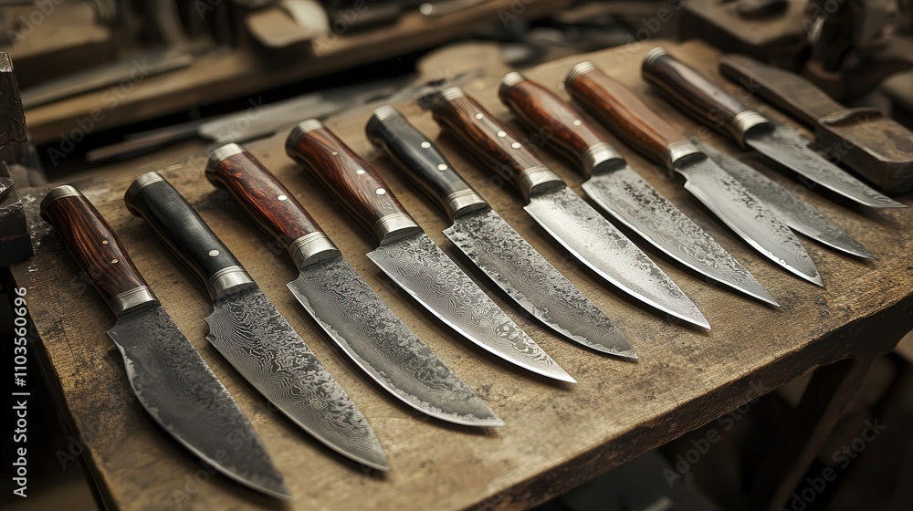 Poster a blacksmith creating a set of custom knives, grinding the edges and polishing the handles, ensuring
