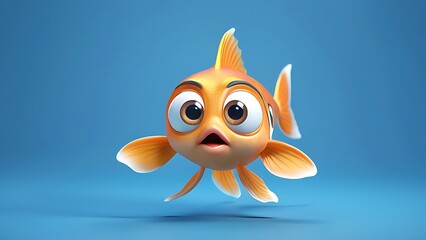 3d cartoon character of a spherical goldfish with big bulging eyes hovering in the air on a blue background. Funny cartoon yellow fish. 3d rendering of a cute sad little fish flying through the air