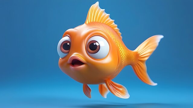 3d cartoon character of a spherical goldfish with big bulging eyes hovering in the air on a blue background. Funny cartoon yellow fish. 3d rendering of a cute sad little fish flying through the air