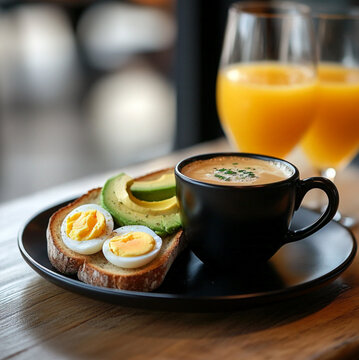 a black cup with latte, avocado tost with eggs mollet, and an orange juice in a small wine glass