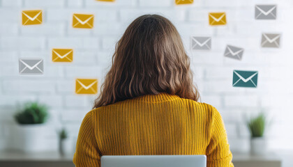 tech savvy entrepreneur is focused on email communication, surrounded by colorful envelopes. scene captures modern workspace with creative vibe