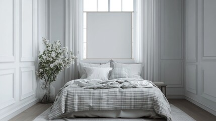 Modern light gray romantic bedroom with a window, flowers, a horizontal poster under the bed with plaid and pillows. Front view.