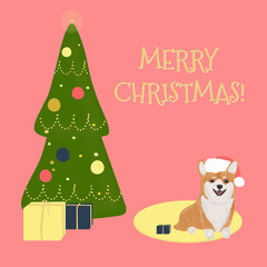 Merry Christmas and Happy New Year Greeting Card Vector illustration. Cute dogs in Christmas pet costume