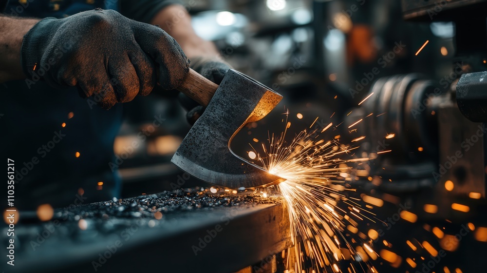 Poster a blacksmith sharpening a custom-made axe on a grinding wheel, adjusting the angle for precision, wi