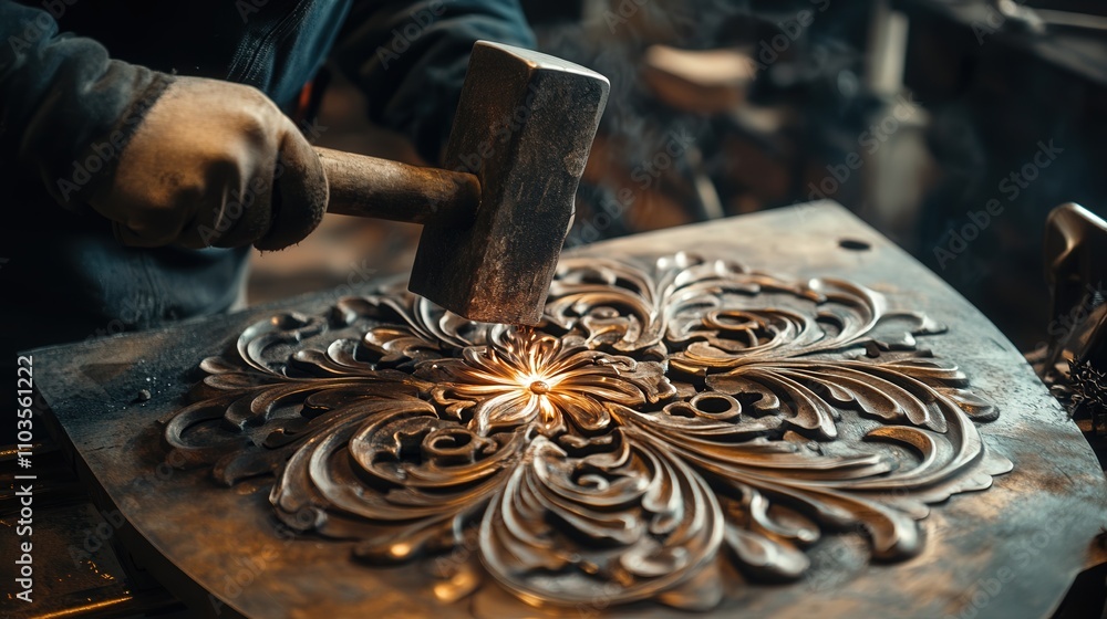 Poster a blacksmith sharpening a custom-made axe on a grinding wheel, adjusting the angle for precision, wi