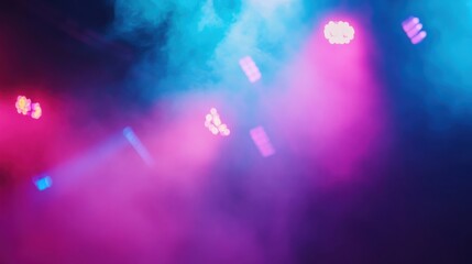 Colorful stage lights create an energetic atmosphere at a live music event in a dimly lit venue