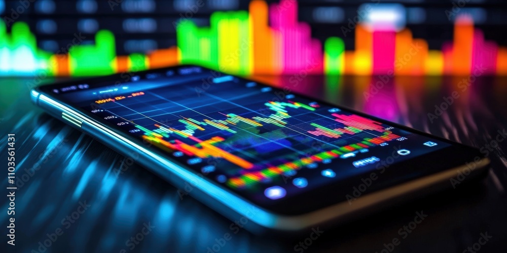 Poster smartphone displaying real-time stock market data with colorful graphs and vibrant background for fi