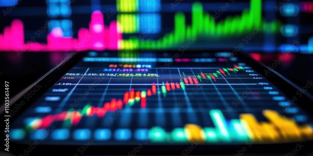 Poster smartphone displaying real-time stock market data with colorful graphs and charts for financial anal