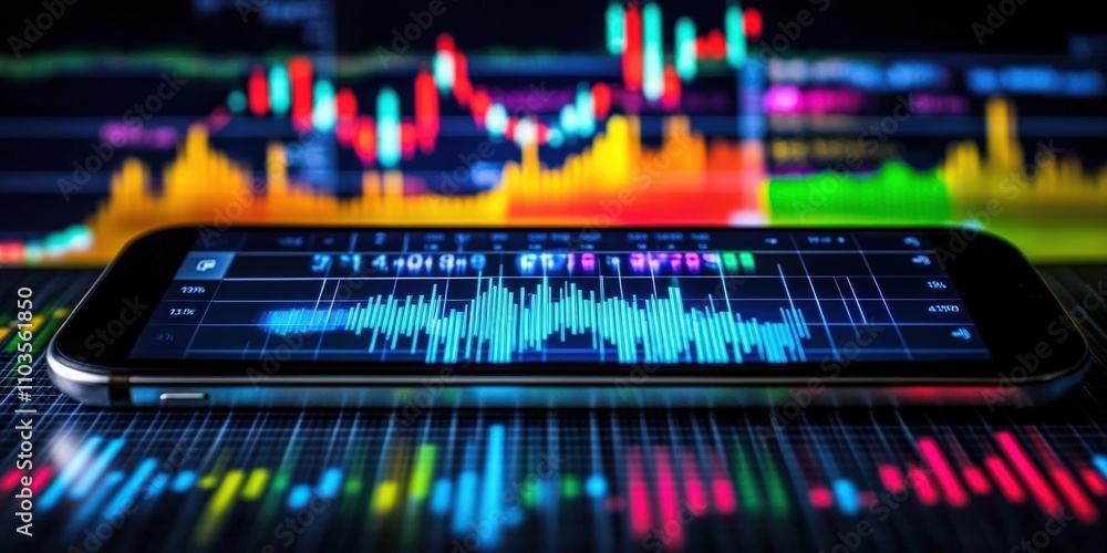 Poster smartphone displaying real-time stock market data with colorful graphs and charts optimized for fina