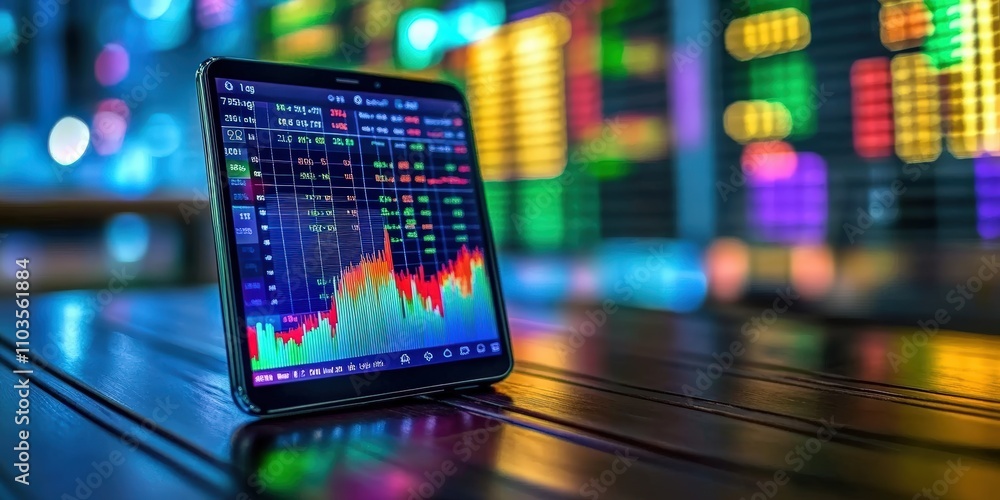 Poster smartphone with real-time stock market data on a vibrant display showcasing colorful charts and grap