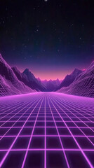 Purple grid background with neon mountains in the distance, in the style of 1980s aesthetics