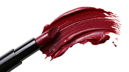 Lipstick swatch on a white background showcasing deep red color with smooth texture and glossy finish.