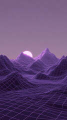 Purple grid background with neon mountains in the distance, in the style of 1980s aesthetics