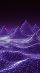 Purple grid background with neon mountains in the distance, in the style of 1980s aesthetics