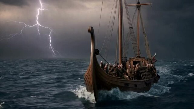 Viking Longship Sailing Through a Stormy Sea Under Lightning