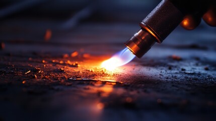 A close-up of a compact but powerful torch being used for DIY home improvement tasks, like heating old paint off surfaces.