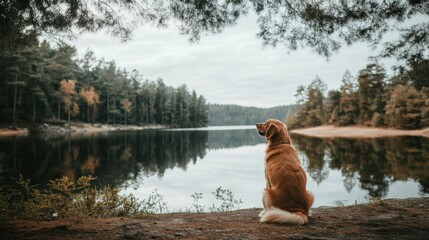 A loyal golden retriever sitting by a lake looking up at the sky with calm water reflecting the trees around