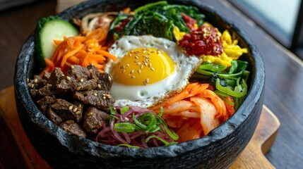 A delectable korean bibimbap bowl with a colorful array of vegetables, marinated beef, fried eggs and gochujang sauce, in a stone bowl.