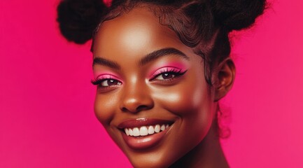 Fototapeta premium Skincare editorial shoot of an African American model with pink eyes and hair in buns, smiling 