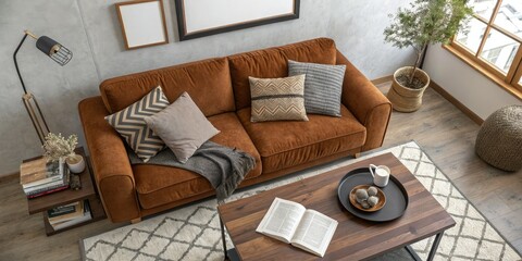 Aerial View of a Modern Living Room with Brown Sofa and Cozy Decor