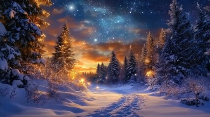 Serene Winter Landscape with Snow-Covered Pine Trees Under a Starry Sky at Dusk in a Snowy Forest Setting