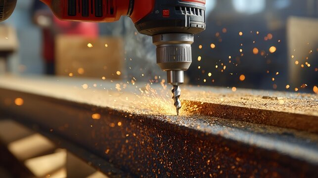 A close-up of a cordless electric drill drilling into a steel beam. The image showcases the power and versatility of the tool,