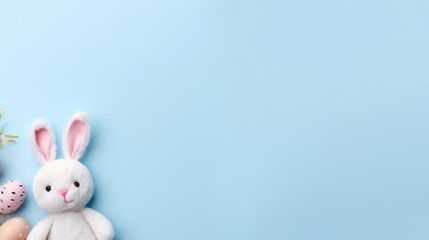 White Plush Bunny with Easter Eggs on a Light Blue Background, Spreading the Cheer of the Holiday Season