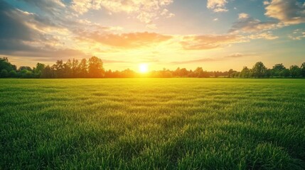 Obraz premium Golden Sunset Over a Lush Green Meadow