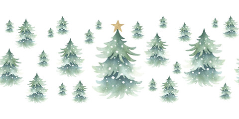 Christmas trees snow-covered with festive golden star decoration on top, forest winter landscape. Hand drawn watercolor isolated seamless border for New Year festive packaging tape, horizontal banner.