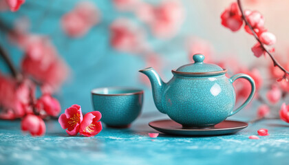Fototapeta premium traditional Chinese tea set with turquoise teapot and cup, surrounded by pink flowers, creates serene and inviting atmosphere