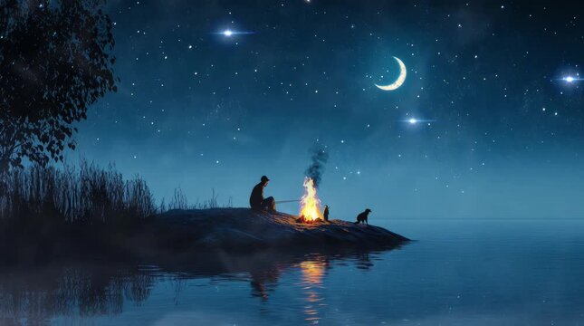 silhouette of a person fishing in the river. Virtual 4K video animation background with looping time lapse with very smooth graphics.