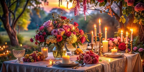 Elegant Romantic Table Setting with Delicate Flowers and Soft Candles Creating an Enchanting Atmosphere for a Memorable Dining Experience