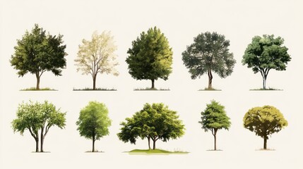 Fototapeta premium Collection of Ten Watercolor Trees: A Diverse Array of Foliage