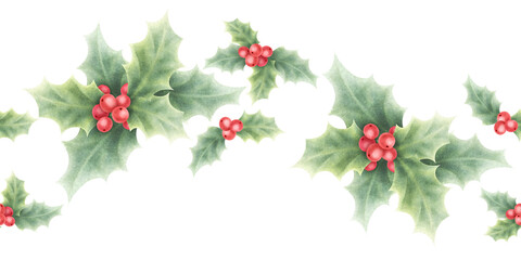 Christmas holly red berries and green leaves watercolor isolated illustration. Hand drawn seamless border for winter holiday season, New Year greeting cards template, festive floral banners, textile.