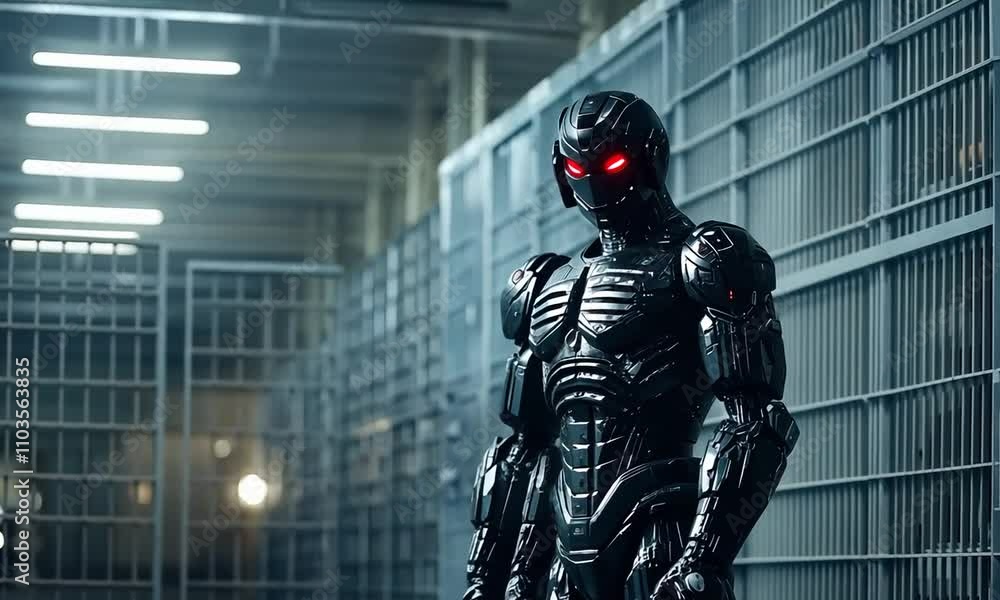 Poster a robotic figure with glowing red eyes is positioned in a dark industrial setting surrounded by pris