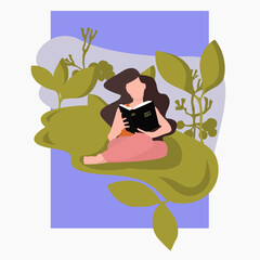Bible. Girl with the Bible. Book. Vector illustration. Flat character. Reading