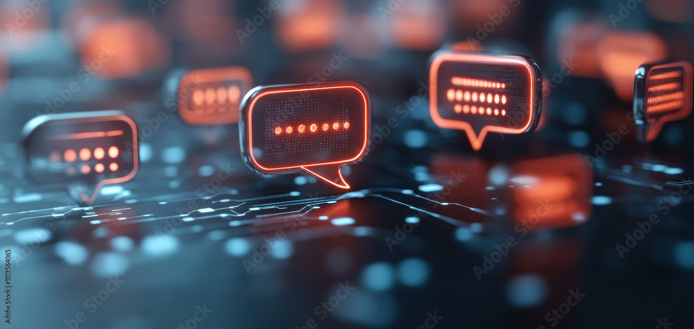 Poster ai chatbot speech bubbles glowing in digital environment, representing communication and technology.