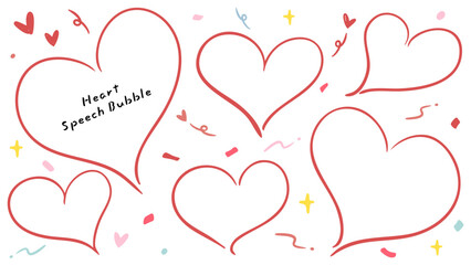 Heart shaped speech bubbles, speech bubbles and glitter confetti, cute hand drawn illustration set / ハート型のふきだし、吹き出しとキラキラ紙吹雪、かわいい手描きのイラストセット