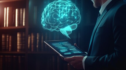 A formal office setting with a lawyer holding a tablet displaying AI ethics laws. Behind, a glowing holographic AI brain adds a futuristic element.