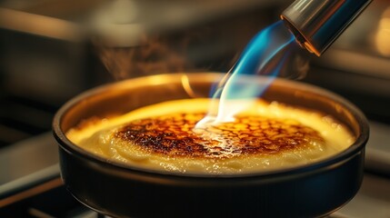 A close-up of a handheld butane torch being used for culinary purposes, such as browning
