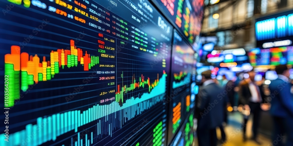 Poster multiple screen display of stock market data with colorful graphs and charts in a busy trading envir