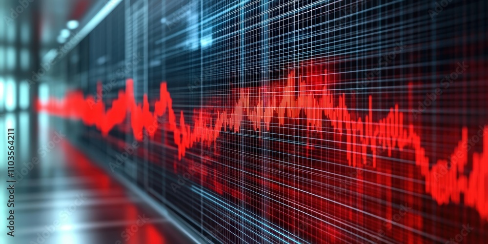 Poster stock market crash graph in progress displayed on a digital screen in a modern financial office envi