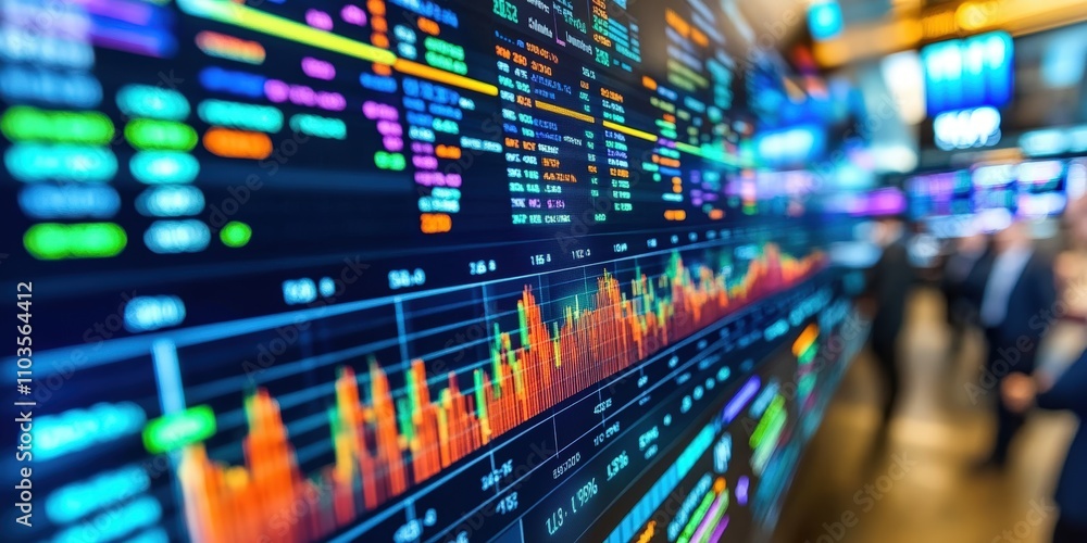 Poster stock market display with multiple screens showing financial data, charts, and numbers in a modern t